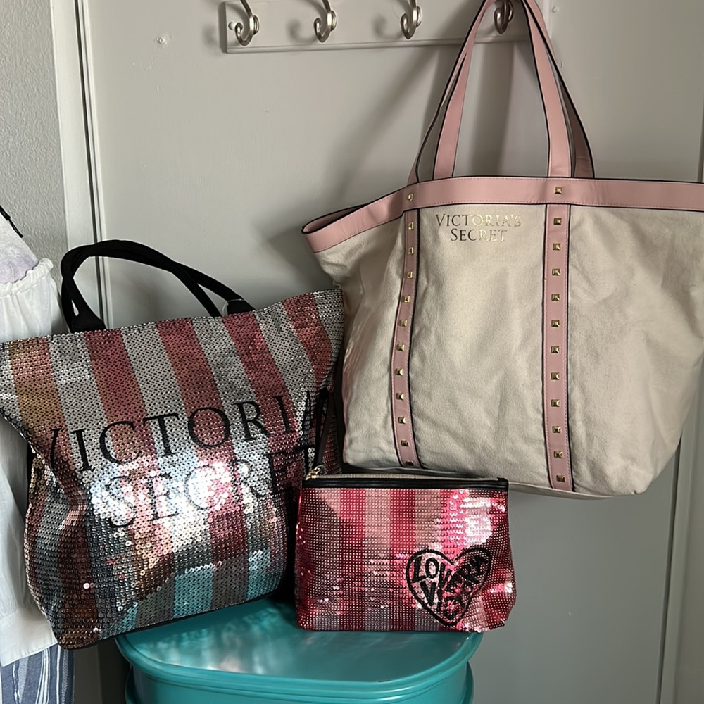 Victoria’s Secret Bags Set - 3 Signature Sequined Tote Make Up Bags Bundle